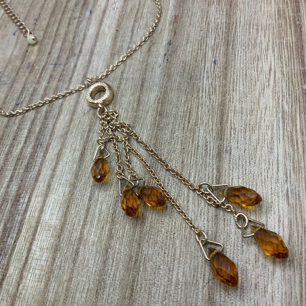 NRQ Vintage AVON Dangling Y Drop Gold Tone Faux Amber Faceted Necklace